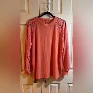 Chic Lace Sleeve Coral Blouse